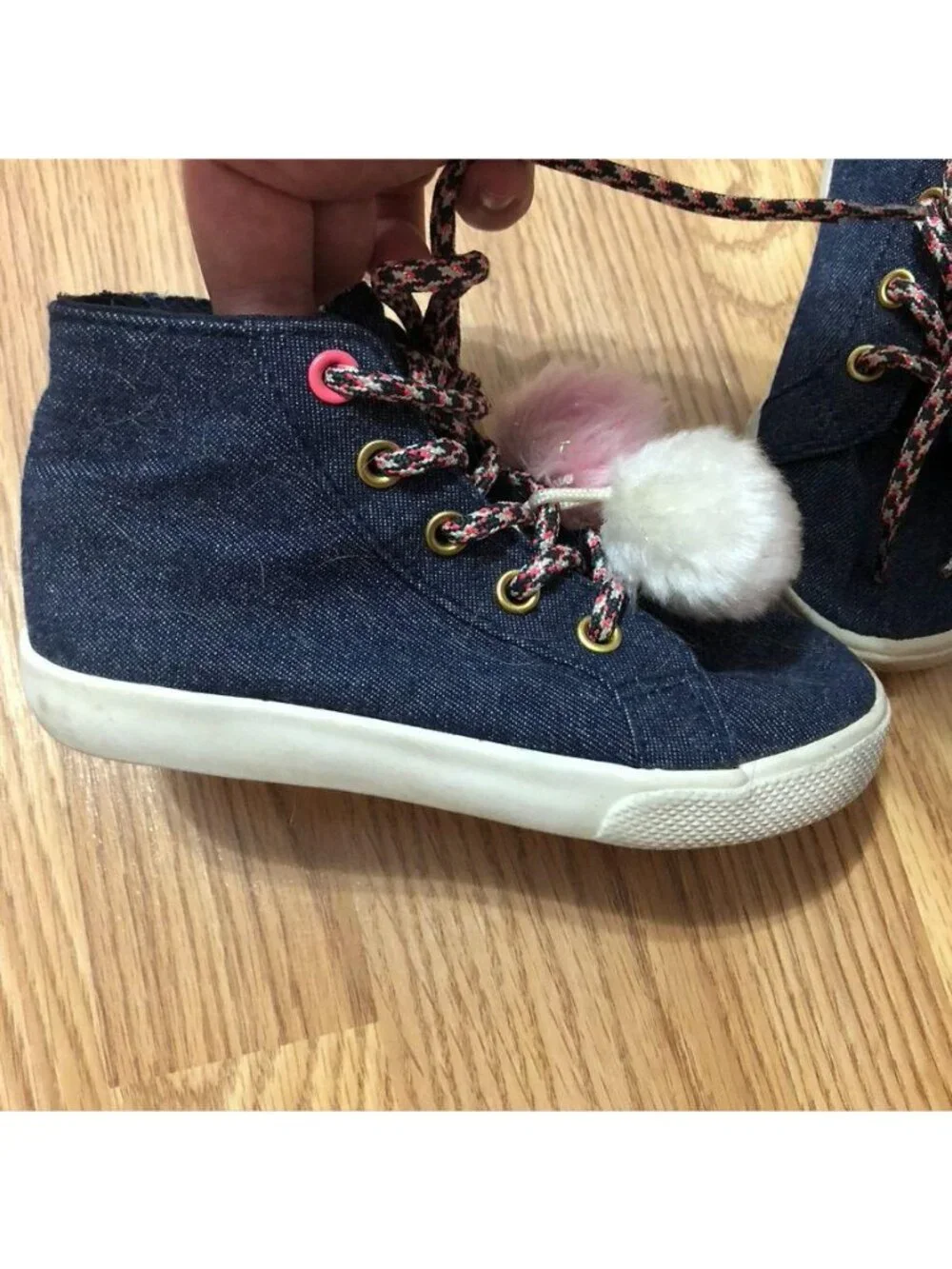 Kids Denim High-Top Sneakers With Pom-Poms Size 9.5 By Brash